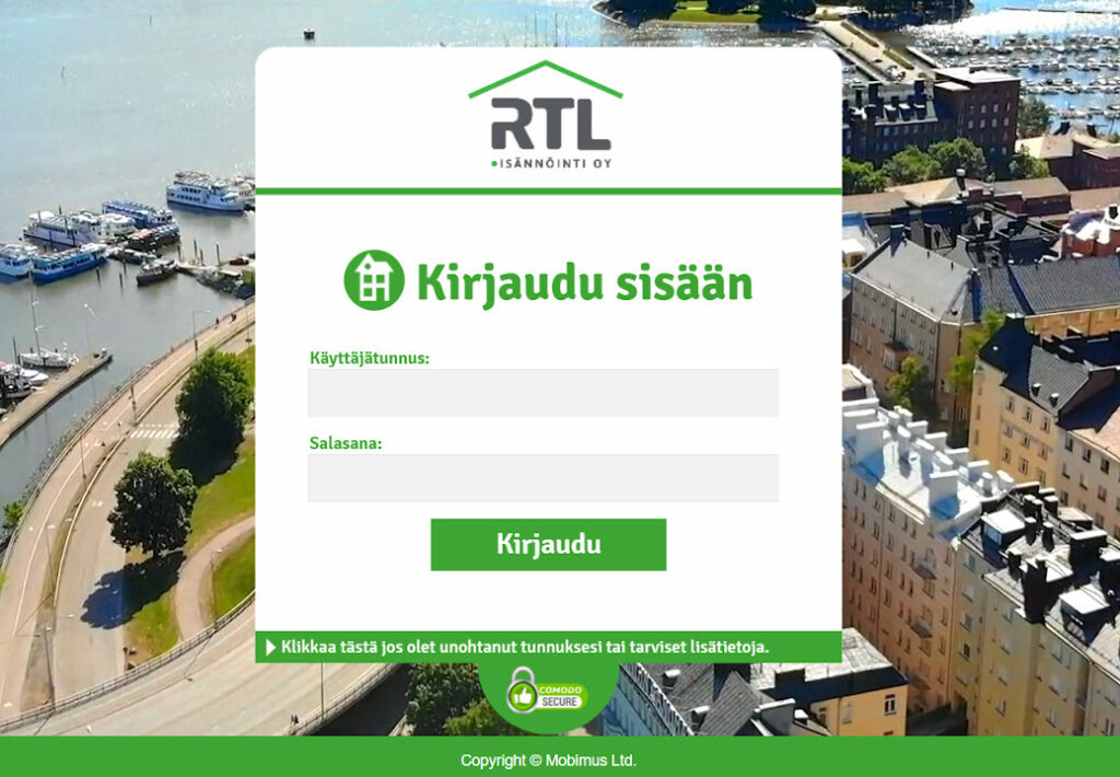 Taloyhtiön omille sivuille sisäänkirjautumisnäkymä RTL-Isännöinti Oy.